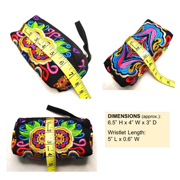 Embroidery Black Wristlet 3-Layer Zipper Geo Floral Fabric Gold Red Pouch Lined - Picture 10 of 10